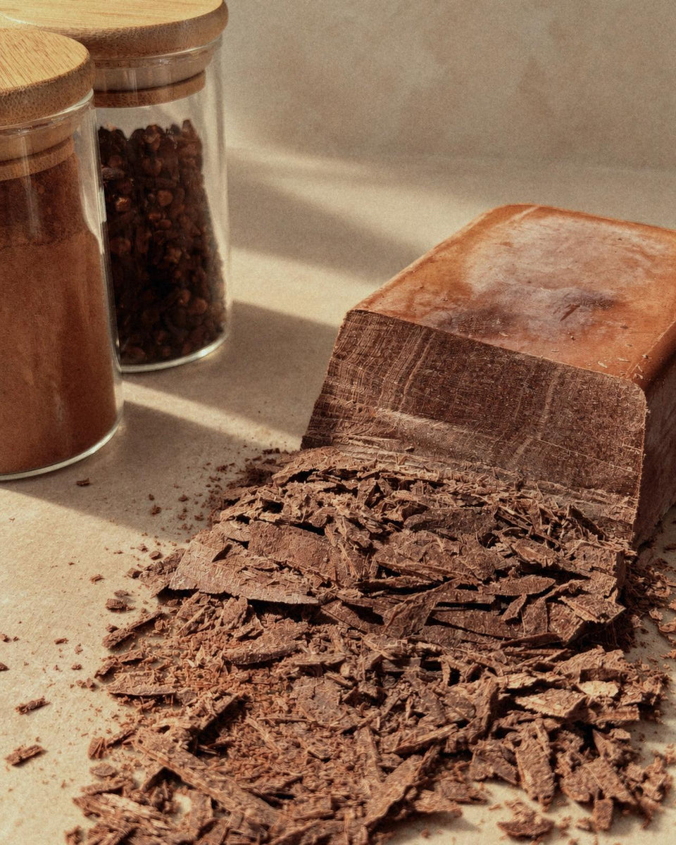 A cacao block with fresh shavings