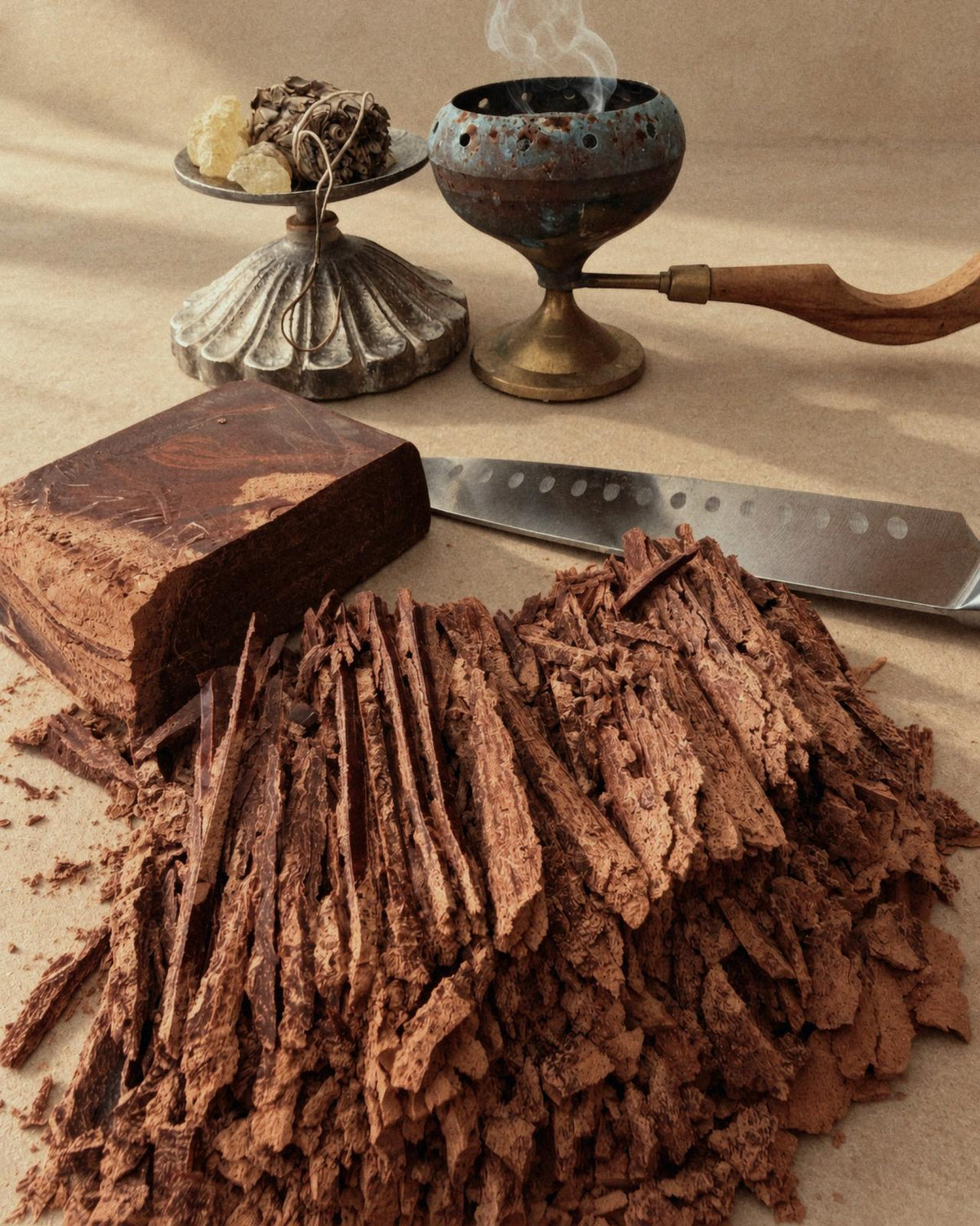 Shaved cacao beside a brass cup and a copal burner