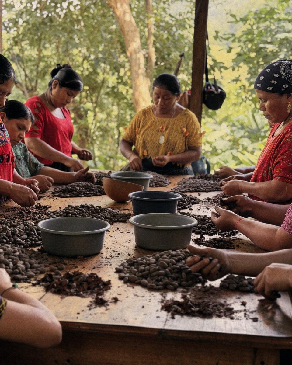 Women sorting cacao beans by hand at long tables